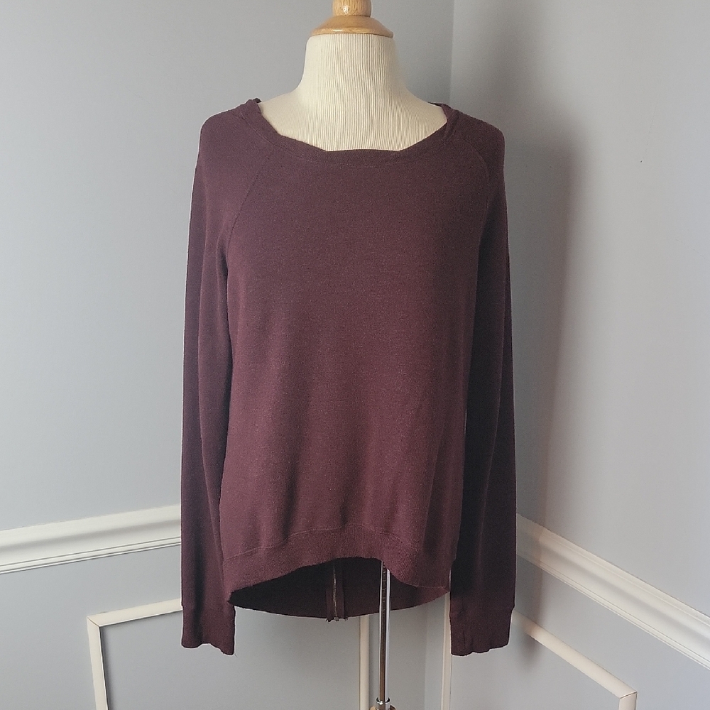 H BY BORDEAUX Plum Marled Crewneck‎ Hi Low Back Zipper Boho Knit Activewear Top